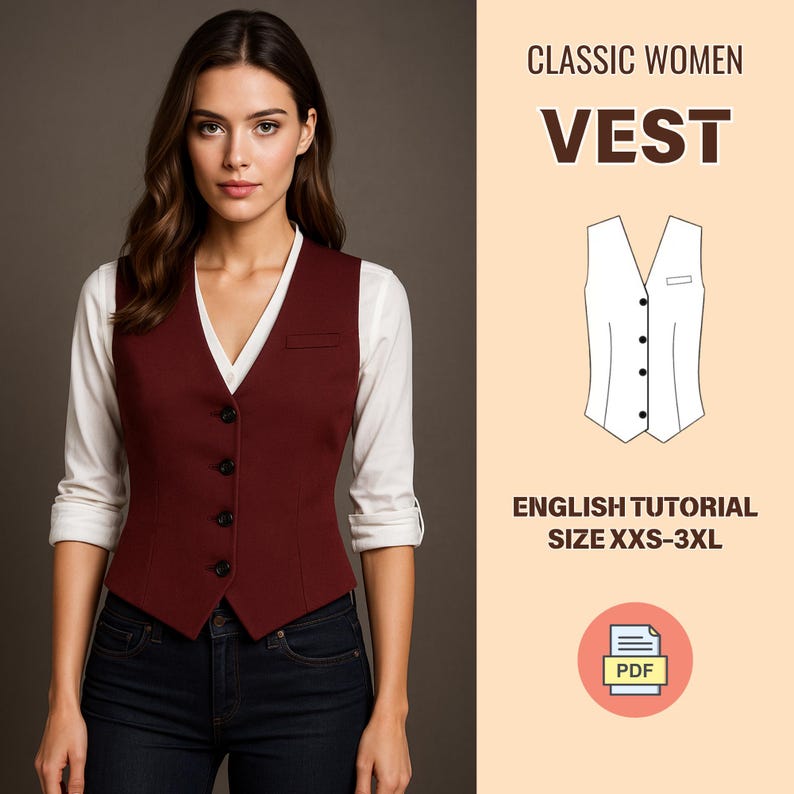May include: A burgundy vest with black buttons, worn over a white shirt and dark blue jeans. The image includes the text "CLASSIC WOMEN VEST" and "ENGLISH TUTORIAL SIZE XXS-3XL". A PDF icon is also present.