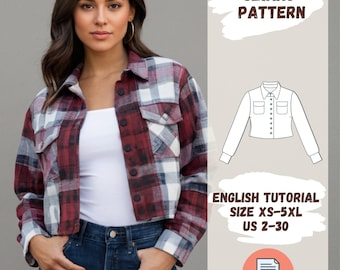 Cropped Flannel Shirt Sewing Pattern PDF – Size XS–5XL, Button Down, English Tutorial, Pockets