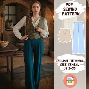 May include: PDF sewing pattern for wide-leg pants and a vest. The pattern includes an English tutorial and is available in sizes XS-5XL (US 2-30).
