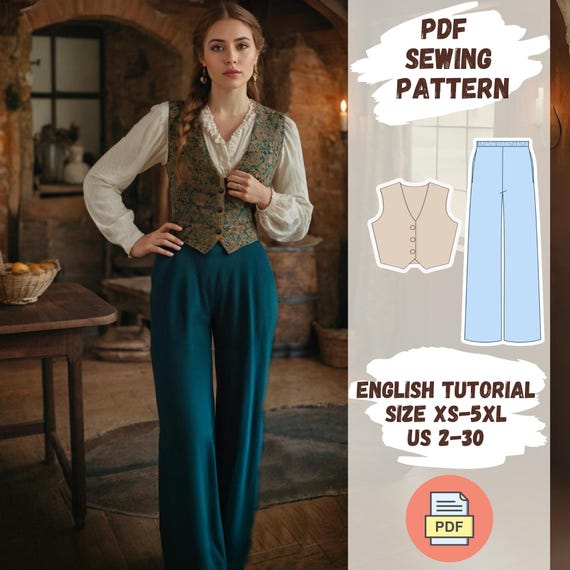 Vintage Vest and Wide-Leg Pants Sewing Pattern - PDF, Cottagecore Outfit, Sizes XS-5XL, Cottagecore Vest
