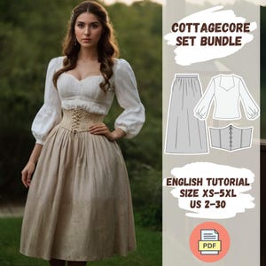 May include: A digital pattern for a cottagecore style dress set. The set includes a white blouse with a sweetheart neckline, a brown skirt, and a corset. The pattern includes an English tutorial and is available in sizes XS-5XL (US 2-30).