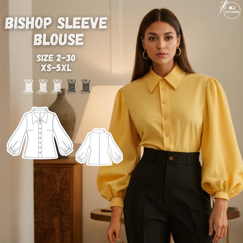 Bishop Sleeve Blouse Sewing Pattern - PDF Blouse Pattern, Women's ...