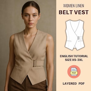 Belted Vest Sewing Pattern – Women’s PDF Tailored Waistcoat – Sleeveless Jacket – V Neck Wrap Linen Vest – Digital Download