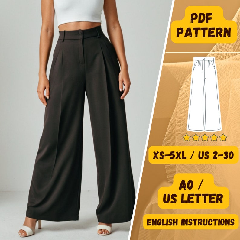 Op de afbeelding: Een PDF-naaipatroon voor een wijde broek. Het patroon omvat de maten XS-5XL en de Nederlandse maten 2-30. Het patroon is verkrijgbaar in A0 of A4 formaat en bevat Engelse instructies. Het patroon wordt getoond op een witte achtergrond met een model dat de broek draagt.