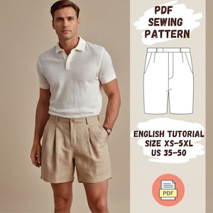 Patroon linnen shorts heren | Naaipatroon geplooide shorts heren | Klassieke op maat gemaakte short pdf | Zomershort met hoge taille