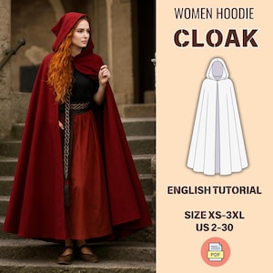 May include: A burgundy hooded cloak with a long, flowing design. The cloak is worn over a black top and a rust-colored skirt. The image also includes the text "WOMEN HOODIE CLOAK", "ENGLISH TUTORIAL", and size information.