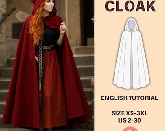 Cloak Women Sewing PDF pattern, Medieval Cape, Wizard Cloak, Halloween Hoodie Cloak, Cosplay Pattern for Beginners,  PDF