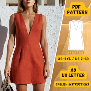 K&ouml;nnte beinhalten: Ein PDF-Schnittmuster f&uuml;r ein &auml;rmelloses Kleid mit tiefem V-Ausschnitt. Das Schnittmuster enth&auml;lt Anleitungen in Englisch und ist in den Gr&ouml;&szlig;en XS-5XL (deutsche Gr&ouml;&szlig;en 32-48) erh&auml;ltlich.