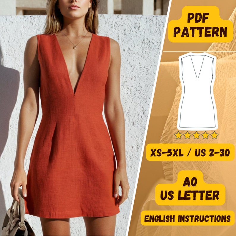 K&ouml;nnte beinhalten: Ein PDF-Schnittmuster f&uuml;r ein &auml;rmelloses Kleid mit tiefem V-Ausschnitt. Das Schnittmuster enth&auml;lt Anleitungen in Englisch und ist in den Gr&ouml;&szlig;en XS-5XL (deutsche Gr&ouml;&szlig;en 32-48) erh&auml;ltlich.