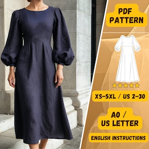 Patrón de costura para vestido con mangas de obispo: patrón PDF de vestido retro atemporal para mujer, vestido de cintura alta