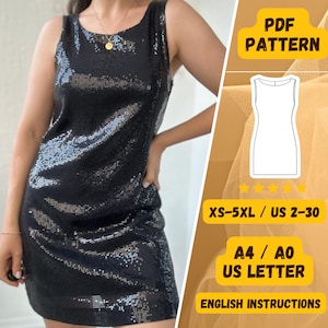 Peut inclure: Patron de couture PDF pour une robe sans manches en sequins. Le patron comprend les tailles XS-5XL, les tailles françaises 34-52, et des instructions en anglais. Le patron est imprimé sur du papier A4/A0 ou au format lettre.