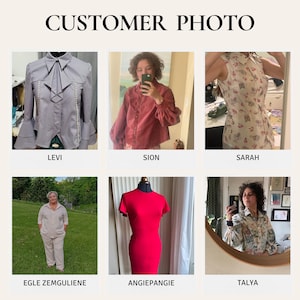 May include: A collage of six photos showcasing different styles of clothing. The photos feature a variety of colors and patterns, including a gray shirt with a bow tie, a red shirt with puffed sleeves, a floral print sleeveless shirt, a beige shirt and pants, a red dress, and a floral print shirt.
