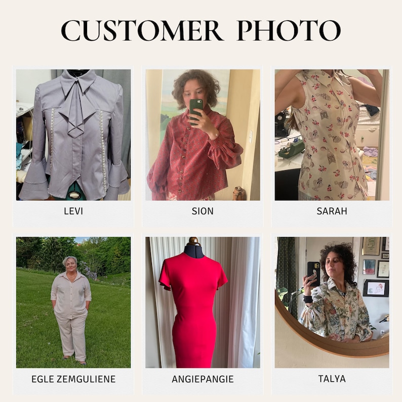 Pu&ograve; includere: Un collage di sei foto che mostrano diversi stili di abbigliamento. Le foto presentano diversi modelli che indossano camicie, abiti e bluse. Gli abiti sono di vari colori e fantasie, tra cui fiori, quadri e colori solidi.