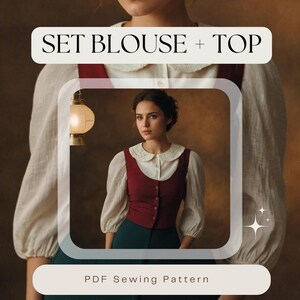 May include: A PDF sewing pattern for a set of a white blouse with a lace collar and a burgundy vest top. The model is wearing the set with a green skirt. The image includes the text "SET BLOUSE + TOP" and "PDF Sewing Pattern".