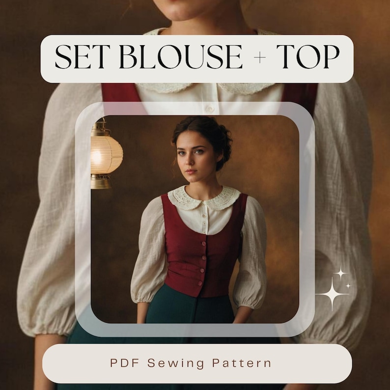 May include: A PDF sewing pattern for a set of a white blouse with a lace collar and a burgundy vest top. The model is wearing the set with a green skirt. The image includes the text "SET BLOUSE + TOP" and "PDF Sewing Pattern".