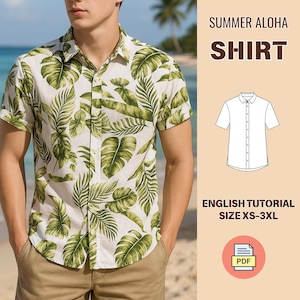 Op de afbeelding: Een wit overhemd met korte mouwen en een groen bladerpatroon. Het overhemd is dichtgeknoopt en wordt door een persoon gedragen. De tekst op de afbeelding luidt "SUMMER ALOHA SHIRT" en "ENGLISH TUTORIAL SIZE XS-3XL". Er is ook een PDF-pictogram.