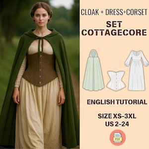 May include: A woman wearing a green cloak, brown corset, and cream-colored dress. The image includes a diagram of the cloak, corset, and dress. Text on the image reads "CLOAK + DRESS+CORSET SET COTTAGECORE ENGLISH TUTORIAL SIZE XS-3XL US 2-24".