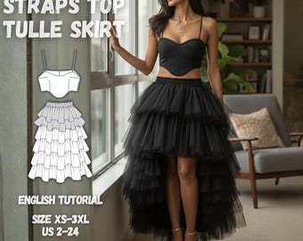 Tulle Skirt and Spaghetti Straps Crop Top Sewing Pattern PDF, Asymmetrical, Tiered Layered Tutu Skirt