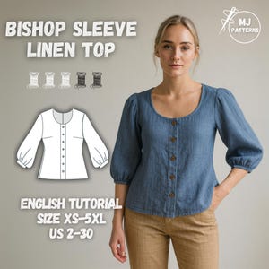 Puede incluir: Una blusa de lino azul con mangas obispo, cuello redondo y botones de madera. La imagen incluye un dibujo lineal de la blusa y el texto "BISHOP SLEEVE LINEN TOP", "ENGLISH TUTORIAL" y "SIZE XS-5XL US 2-30".