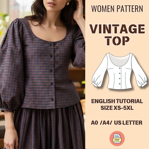 Vintage Blouse Sewing Pattern PDF | Bishop Sleeve Button Top XS–5XL | Plaid Blouse |Scoop neck | Buttons up Shirt
