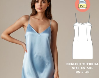 Satin Slip Dress Sewing Pattern | PDF Digital Download | XS-5XL Sizes | US Letter and A0 | Spaghetti Strap Nightgown Pattern
