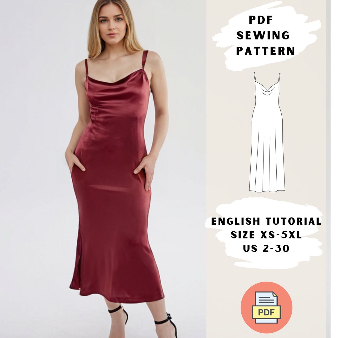 Satin Slip Dress PDF Sewing Pattern XS5XL Bias Cut Midi Dress With