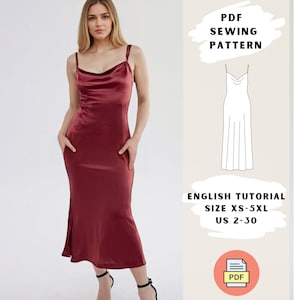 Satin Slip Dress PDF Sewing Pattern - XS-5XL - Bias Cut Midi Dress with Straps | Cowl neckline | hidden zipper