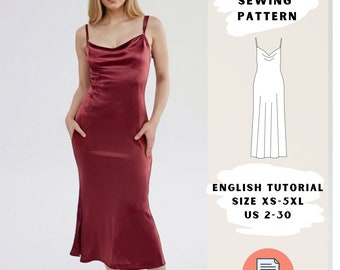 Modello di cucito PDF per abito sottoveste in raso - XS-5XL - Abito midi tagliato in sbieco con spalline / Scollo a cappuccio / cerniera nascosta