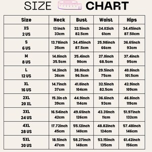May include: Size chart with measurements in inches and centimeters. Includes neck, bust, waist, and hips measurements for sizes XS to 5XL. The chart provides both US and metric measurements for each size.