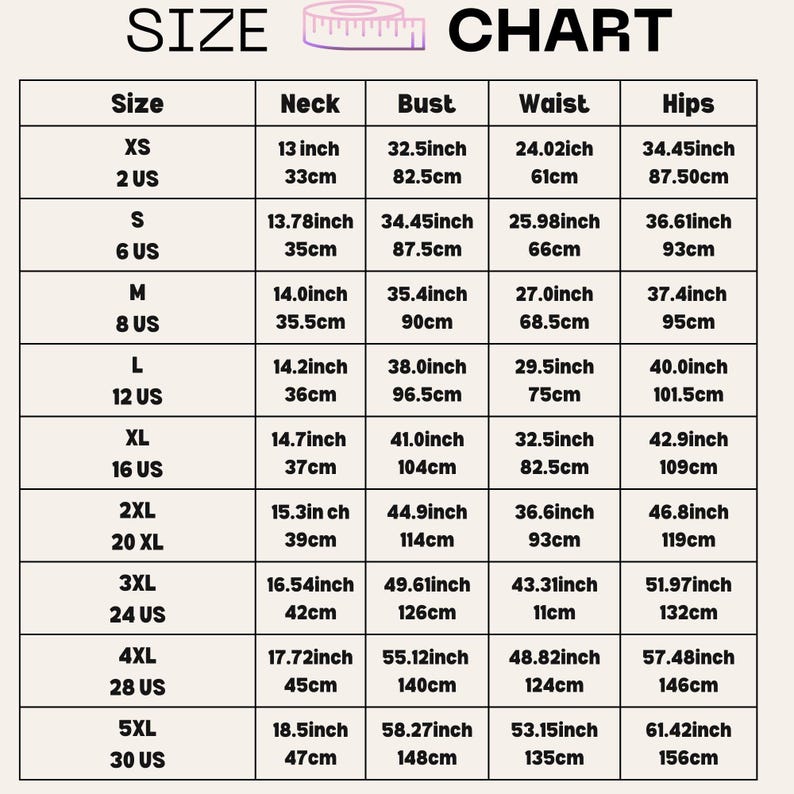May include: Size chart with measurements in inches and centimeters. Includes neck, bust, waist, and hips measurements for sizes XS to 5XL. The chart provides both US and metric measurements for each size.