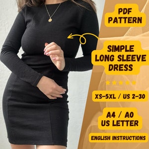 Simple Dress Pattern, XS-5XL, Long Sleeve, Dress PDF Sewing Pattern, Beginner Sewing Pattern, Women Sewing Pattern, Easy Black dress pattern
