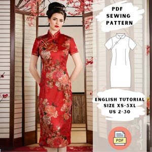 May include: PDF sewing pattern for a red floral cheongsam dress with a mandarin collar and short sleeves. The pattern includes an English tutorial and is available in sizes XS-5XL (US 2-30).