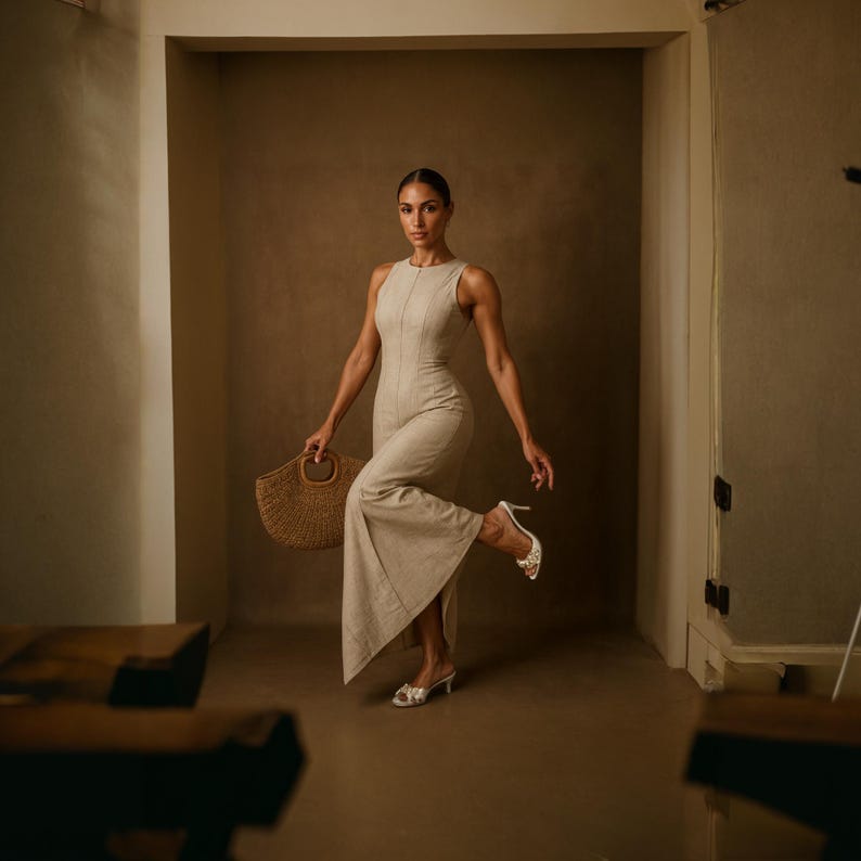May include: A woman wearing a beige sleeveless jumpsuit and white heels with embellishments. She is holding a woven straw handbag with a circular handle. The background is a neutral brown color.