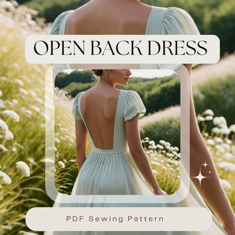 May include: A PDF sewing pattern for an open back dress. The dress is light green and has a fitted bodice and a flowing skirt. The model is standing in a field of white flowers.