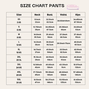 May include: A size chart for pants, with measurements in inches and centimeters. The chart includes sizes XS to 5XL, listing neck, bust, waist, and hip measurements. A measuring tape graphic is in the upper right corner.