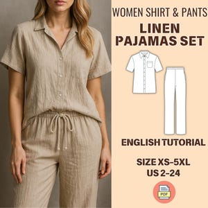 May include: A beige linen pajama set, including a short-sleeved button-down shirt with a chest pocket and drawstring pants. The image also shows a diagram of the shirt and pants. Text on the image reads "WOMEN SHIRT & PANTS LINEN PAJAMAS SET" and "ENGLISH TUTORIAL".