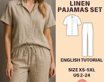 Linen Pajama Sewing Pattern Set – Women’s Shirt and Pants PDF, Short Sleeve, Elastic Waist