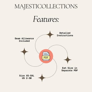 May include: Cream-colored graphic with the text "MAJESTICOLLECTIONS" and "Features:". The image highlights features like seam allowance, detailed instructions, and size range XS-5XL (US 2-30). A PDF icon is in the center.