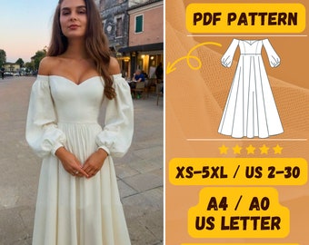 Bishop Sleeve V-Neck Off Shoulder Dress, Sewing Dress Patterns, PDF SweetHeart Neck, Wedding Dress