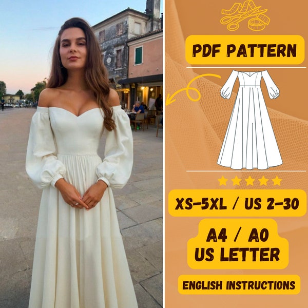 Bishop Sleeve V-Neck Off Shoulder Dress, Sewing Dress Patterns, PDF SweetHeart Neck, Wedding Dress