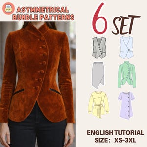 Asymmetrisches Schnittmuster-Bundle - 6 Damen unregelmäßige Jacke, Weste, T-Shirt, Blazer, Rock