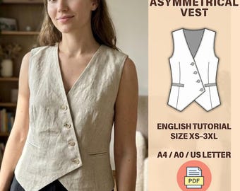 Asymmetrical Linen Vest, Buttoned Waistcoat, V-Neck gilet, PDF Digital Sewing Pattern, English Tutorial