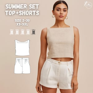 Summer Set Top and Shorts PDF Sewing Pattern with English Tutorial | Linen Co-ord Outfit for Women | Minimalist Clothes | Sizes XS–5XL