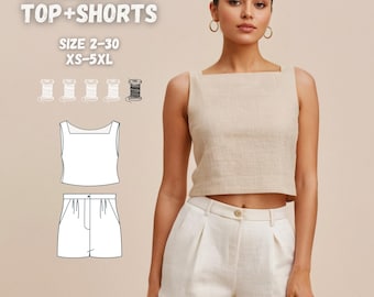 Modello di cucito PDF per top e pantaloncini estivi con tutorial in inglese / Completo coordinato in lino per donna / Abiti minimalisti / Taglie XS–5XL