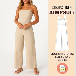 Linen Jumpsuit Sewing Pattern, Women with Spaghetti Straps and Wide Leg Jumpsuit – Summer Casual One Piece Outfit for Beach Jumpsuit Palazzo