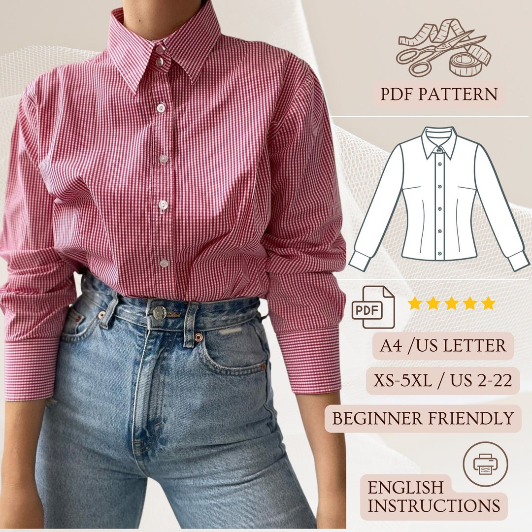 Women Casual Long Sleeve Blouse PDF Sewing Pattern Simple Office Shirt ...