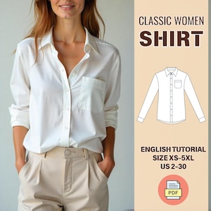 Modello di cucito per camicia classica da donna in PDF, modello di camicia con bottoni per donna, camicetta a maniche lunghe fai da te, XS-5XL, tutorial di cucito digitale