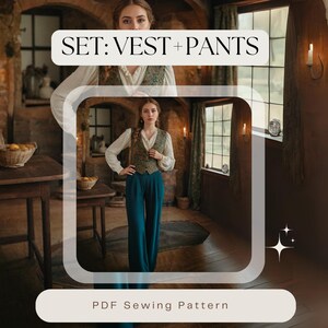 May include: A PDF sewing pattern for a vest and pants set. The pattern features a woman wearing a green vest with a floral pattern and teal pants. The image is set in a rustic room with wooden floors and a large window.