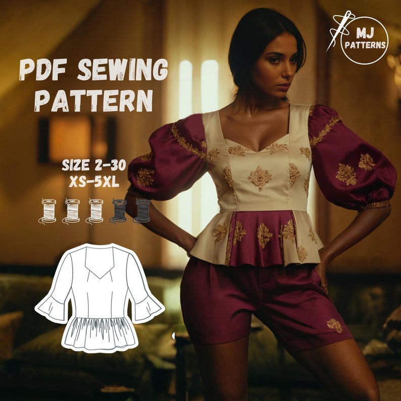 PDF Sewing Pattern for Bohemian Peplum Blouse, Bishop Sleeve Top, Boho ...