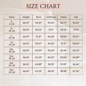 May include: Size chart for clothing with measurements in inches. The chart lists sizes from S to 5XL, with corresponding US sizes, height, bust, underbust, waist, and hip measurements.